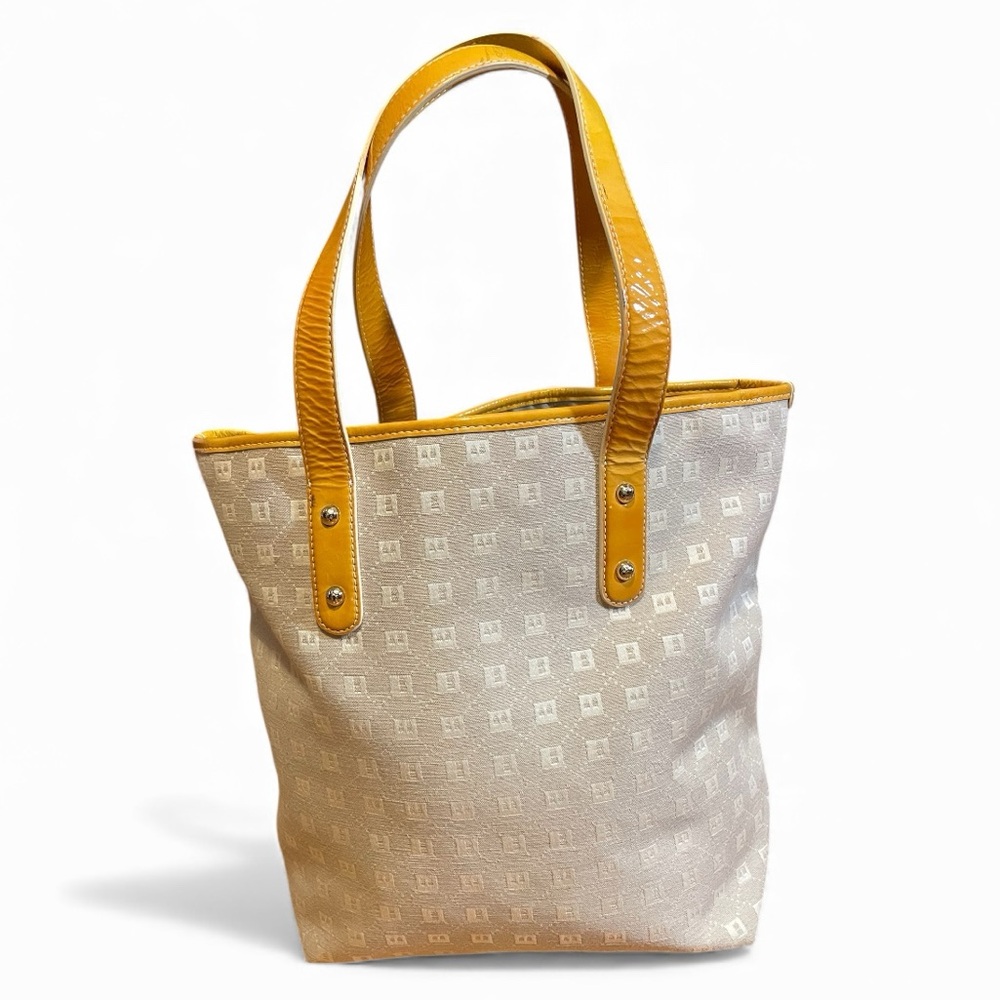 Bally Vintage Basia Tote Bag – Beige Logo Canvas with Yellow Patent Leather Trim